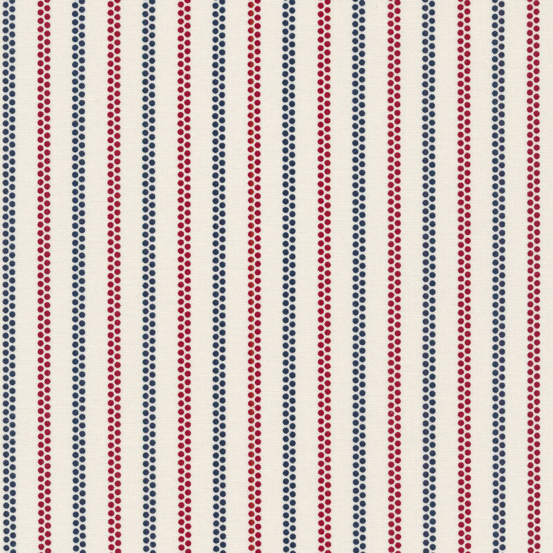 White fabric with red and blue vertical stripes made up of dots