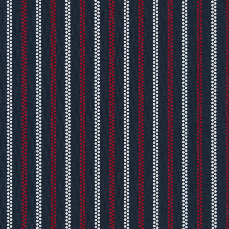 Navy blue fabric with red and white vertical stripes made up of dots