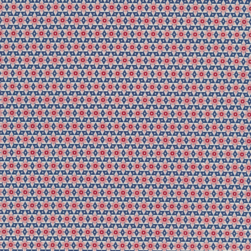 Fabric with pressed geometric six-pointed stars in red, white, and blue.