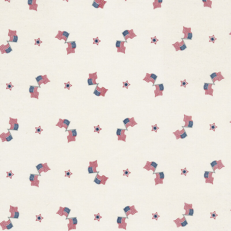 White fabric with scattered motifs of paired American flags with red, white, and blue stars