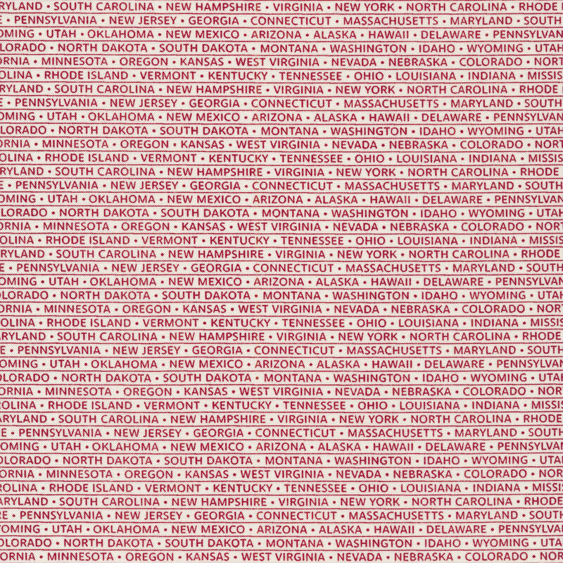 White fabric with rows of red words listing state names with pinstripes separating rows and dots separating names