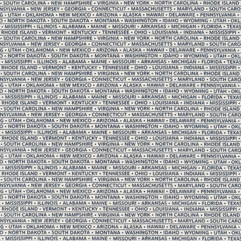 White fabric with rows of blue words listing state names with pinstripes separating rows and dots separating names
