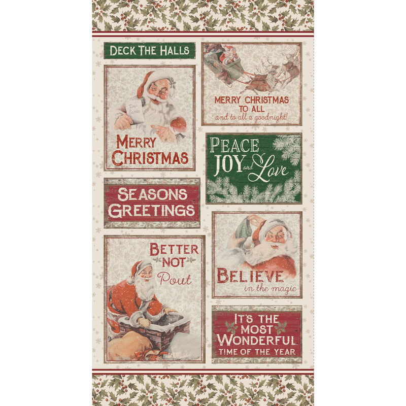 Cream fabric panel with various christmas signs and sayings