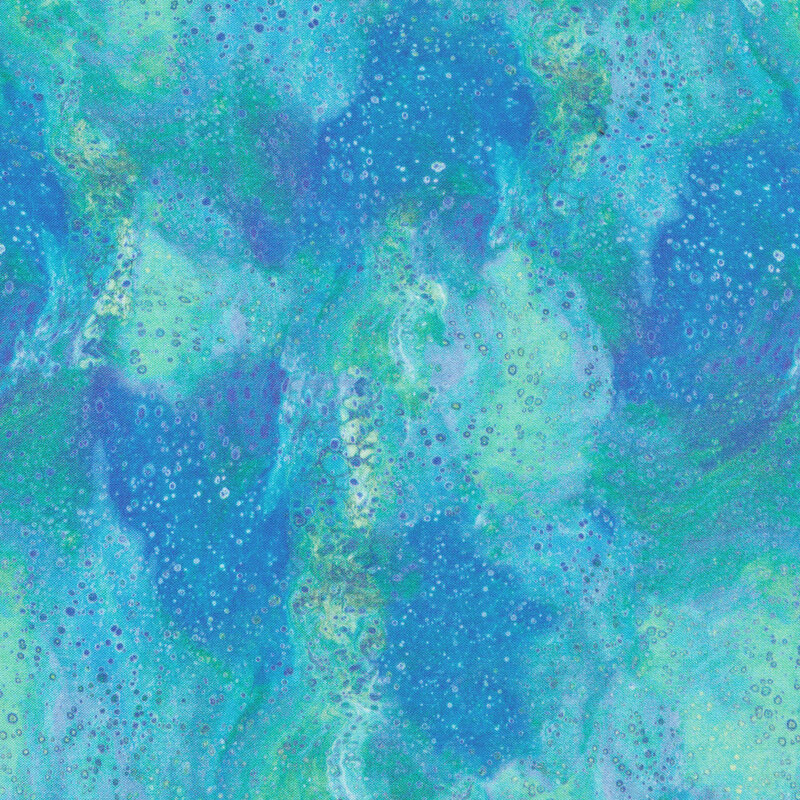 A mottled blue and aqua fabric with clusters of small bubbles all over