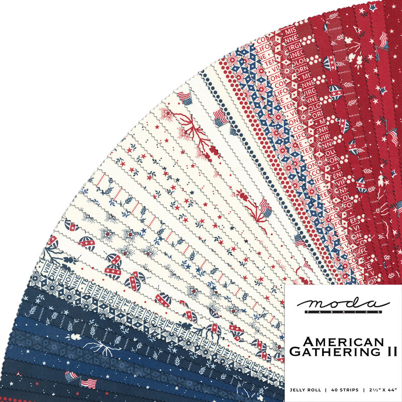 A fanned collage of red, white, and blue fabrics included in the American Gatherings II collection by Moda Fabrics