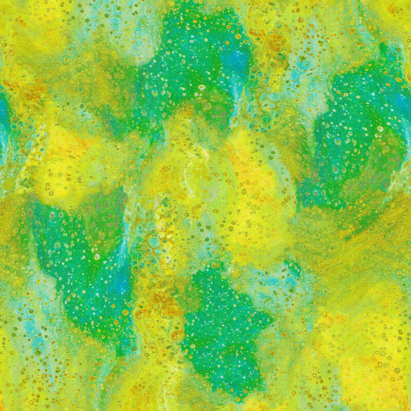 A mottled green, yellow and teal fabric with clusters of small bubbles all over