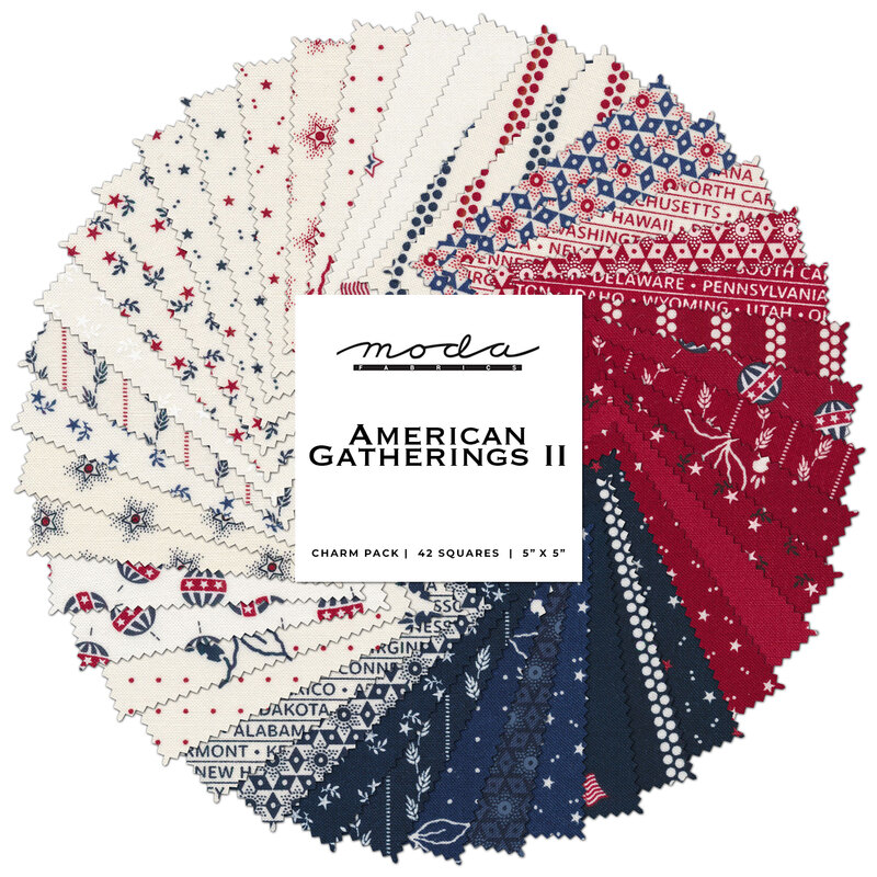 Spiraled collage of red, white, and blue fabrics included in the American Gatherings II collection by Moda Fabrics