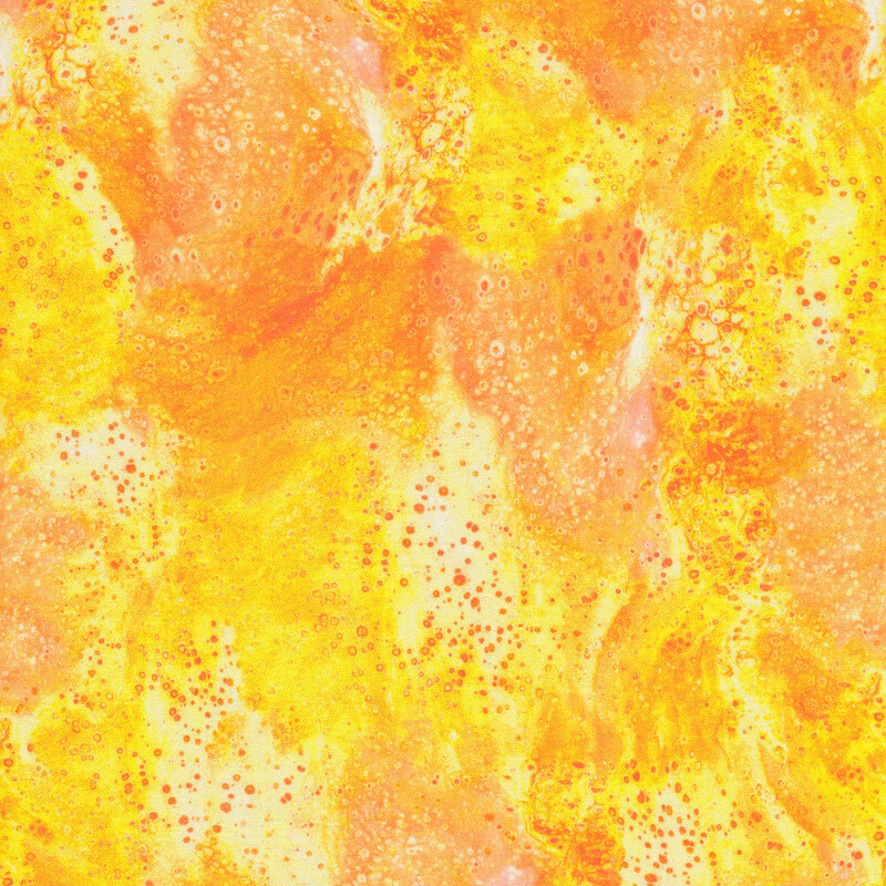 A mottled yellow and orange fabric with clusters of small bubbles all over