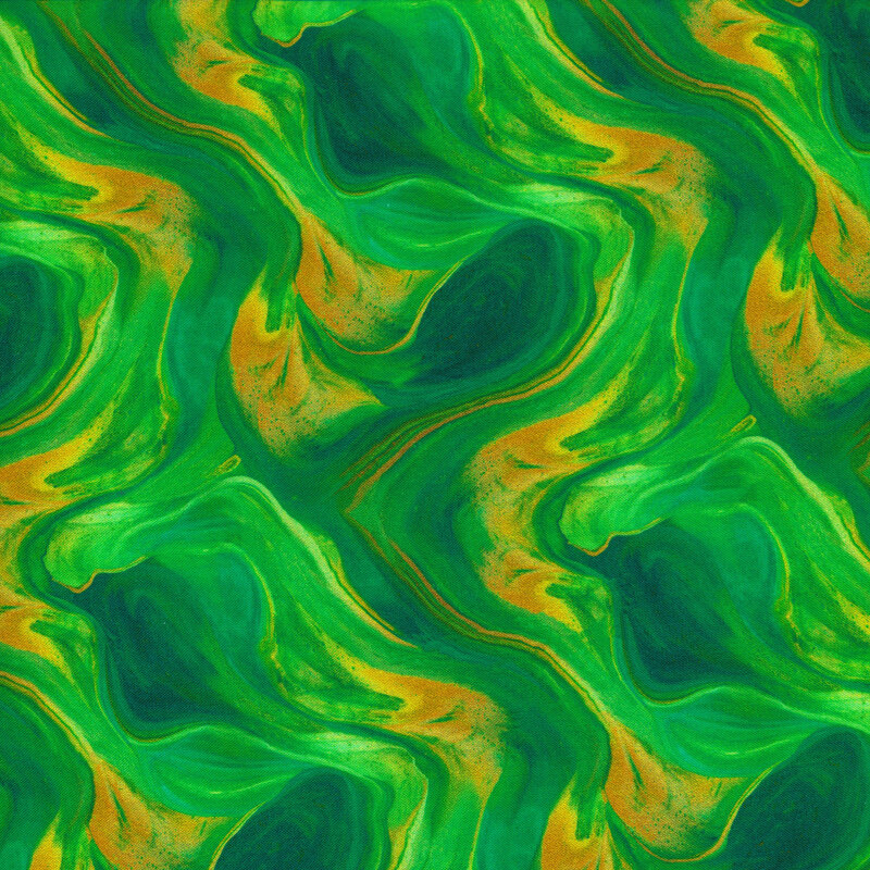 A marbled green and burnt orange lava-like fabric.