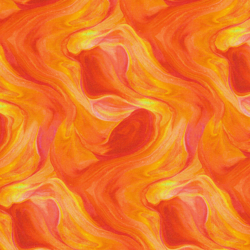 A marbled orange and red fabric with a lava-like design.