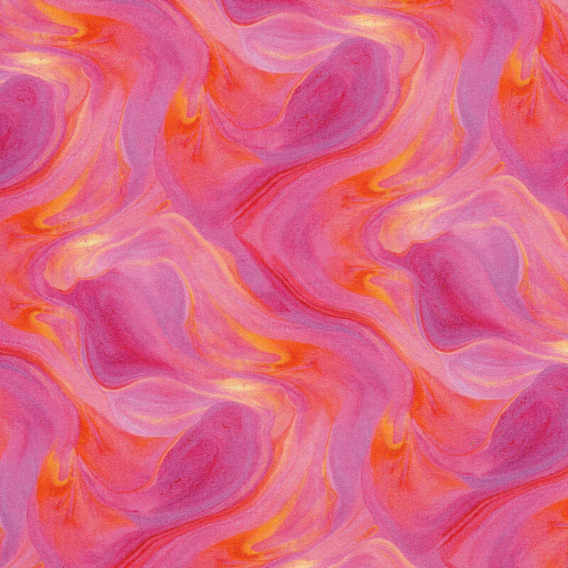 A marbled pink fabric with red and orange marbling in a lava-like design