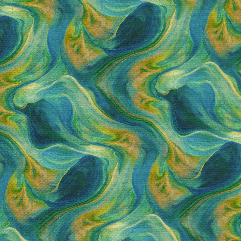 A marbled blue and yellow fabric with a lava-like design.