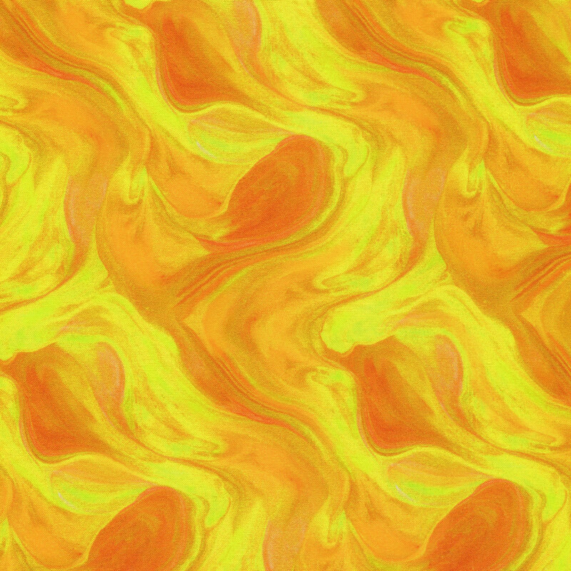 A marbled yellow and orange fabric with a lava-like design.