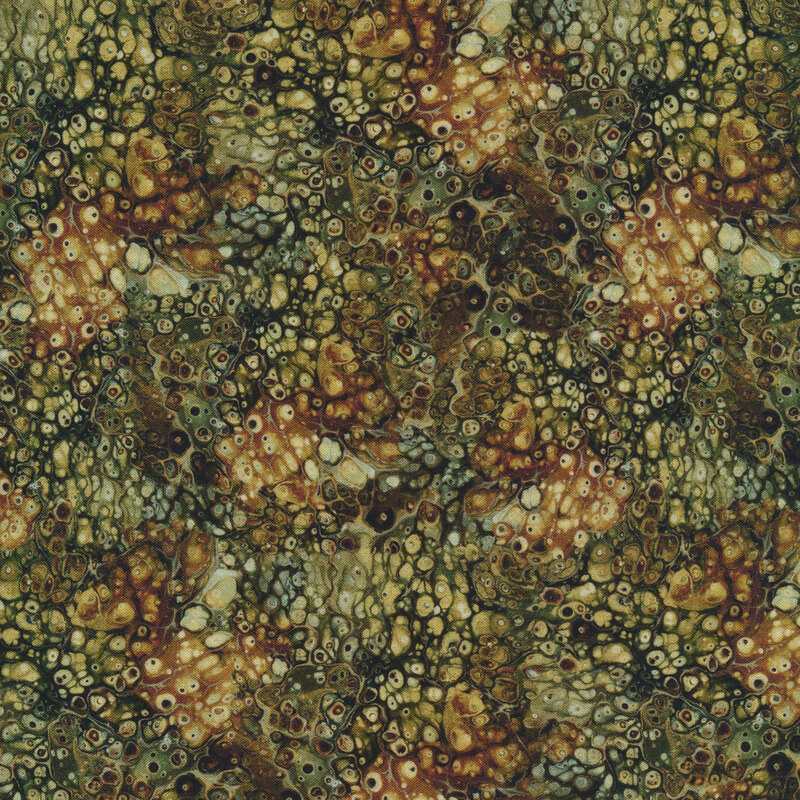 Fabric featuring earthy colors with a marbled look resembling pools of oil