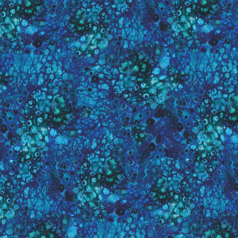 Fabric featuring blue and aqua colors with a marbled look resembling pools of liquid