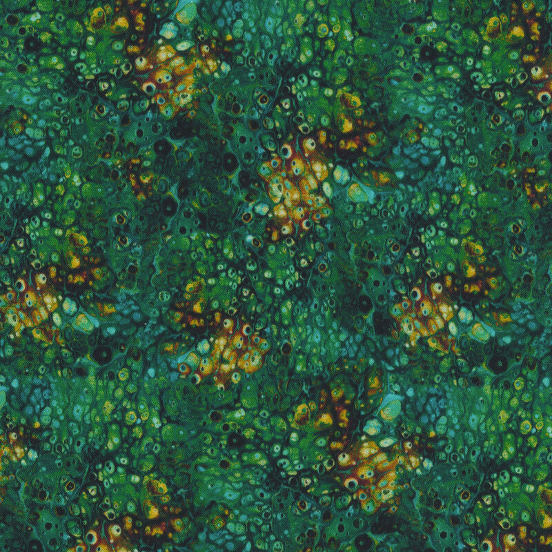 Fabric featuring emerald green and brown colors with a marbled look resembling pools of liquid