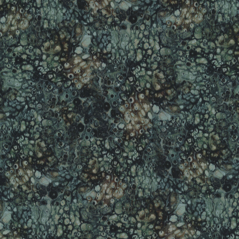 Fabric featuring gray and brown colors with a marbled look resembling pools of oil