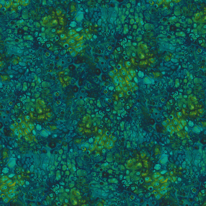 Fabric featuring teal and green colors with a marbled look resembling pools of liquid