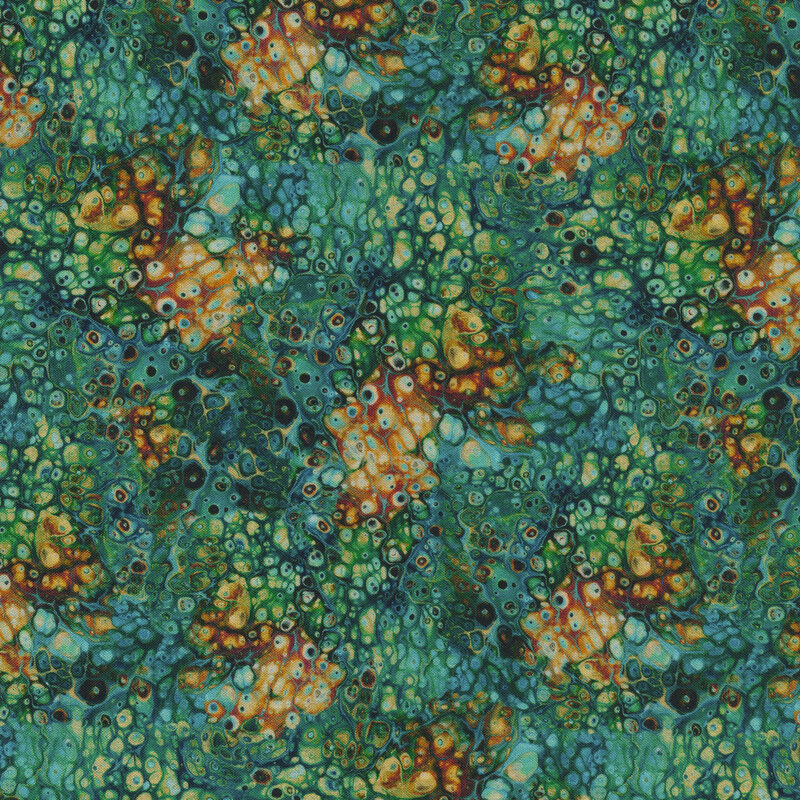 Fabric featuring teal and brown colors with a marbled look resembling pools of liquid