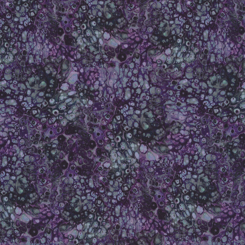 A gray and dark purple fabric with marbling throughout resembling pools of liquid
