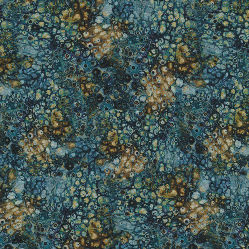 A blue and tan fabric with marbling throughout resembling pools of liquid