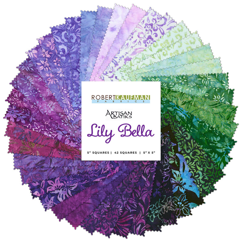 collage of all fabrics included in Lily Bella artisan batiks charm pack