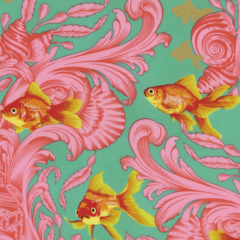 Fabric with large orange goldfish swimming against a teal background with large pink ornamental leaves, snails, and treasure chests