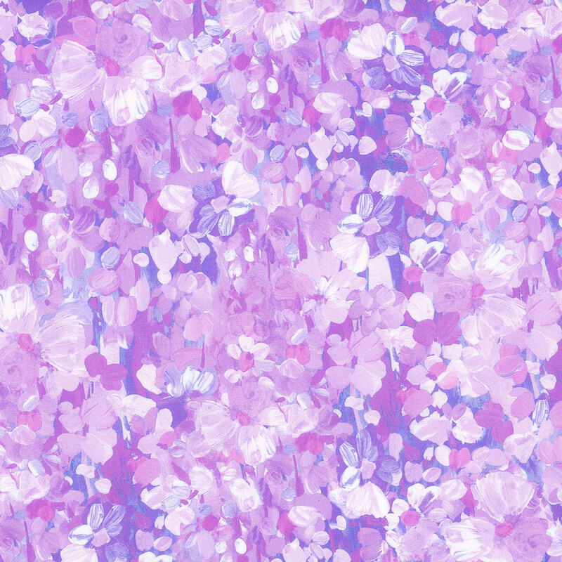 Scan of fabric featuring abstract lavender flowers and petals in a hand-painted style, set against a striated purple background