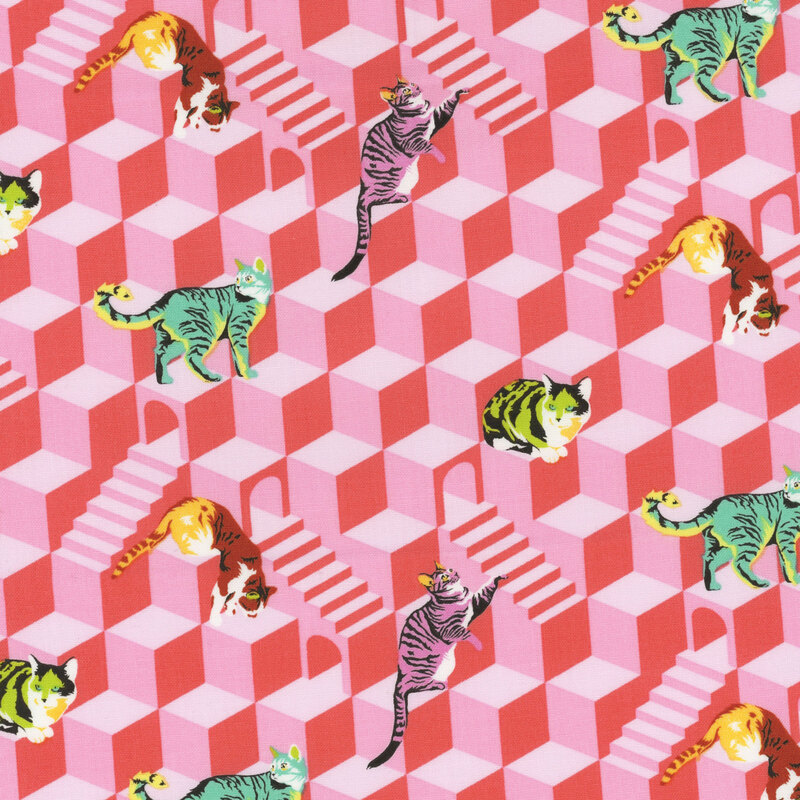 Bright pink fabric with a M.C. Escher styled background accented by colorful cats