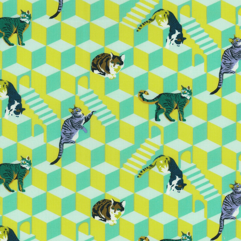 Bright yellow and aqua fabric with a M.C. Escher styled background accented by colorful cats