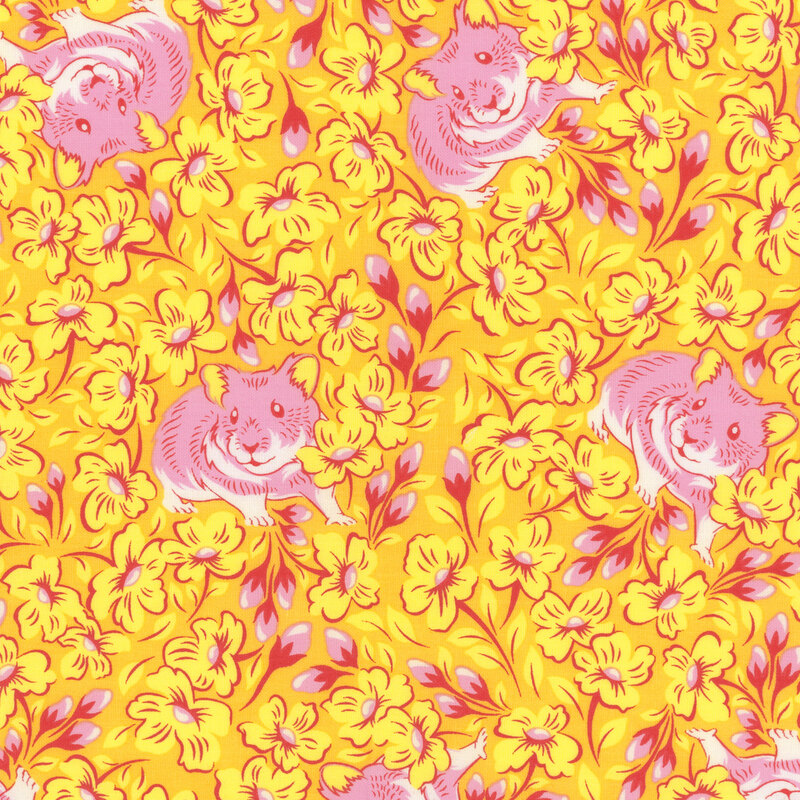 Medium yellow fabric with bright pink hamsters surrounded by yellow flowers