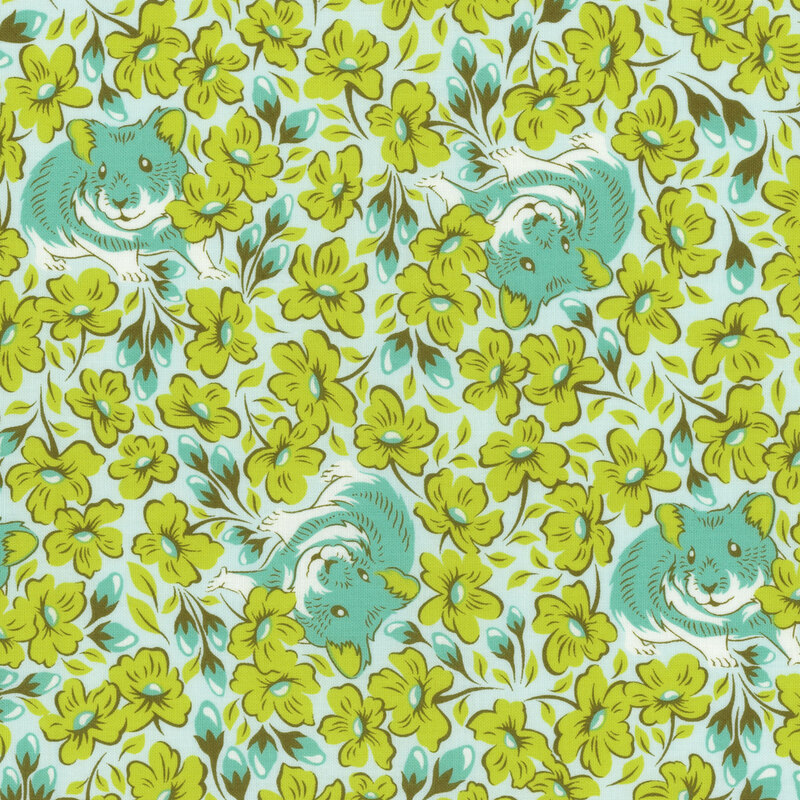 Light aqua fabric with medium aqua hamsters surrounded by bright green flowers