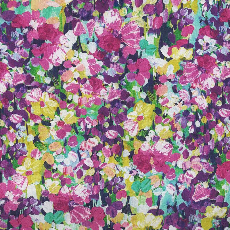 Scan of fabric featuring stylized, hand-painted abstract flowers and petals in a multitude of colors, set against a striated multicolored background