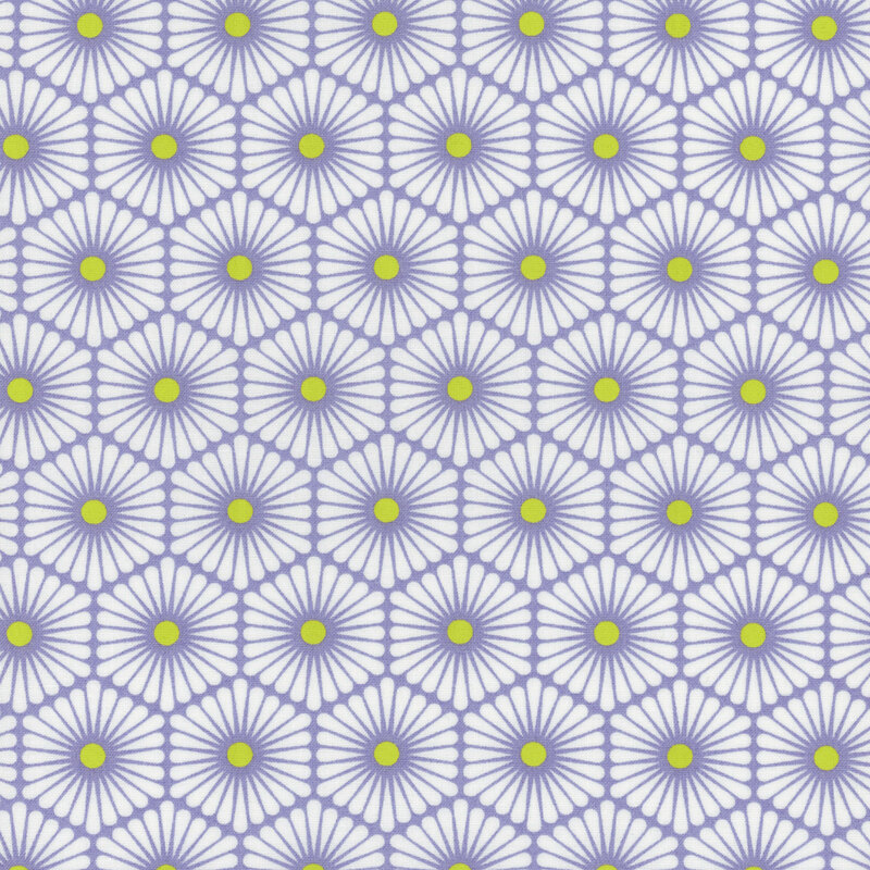 Fabric featuring yellow dots in the center of pale blue connected hexagons on a cream background