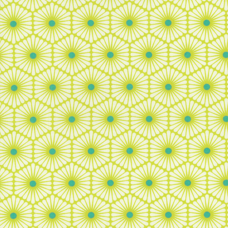 Fabric featuring teal polka dots in the center of bright yellow connected hexagons on a cream background