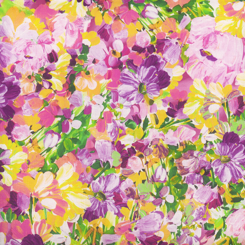 Scan of fabric featuring abstract flowers in various colors and sizes, set against a textured green background