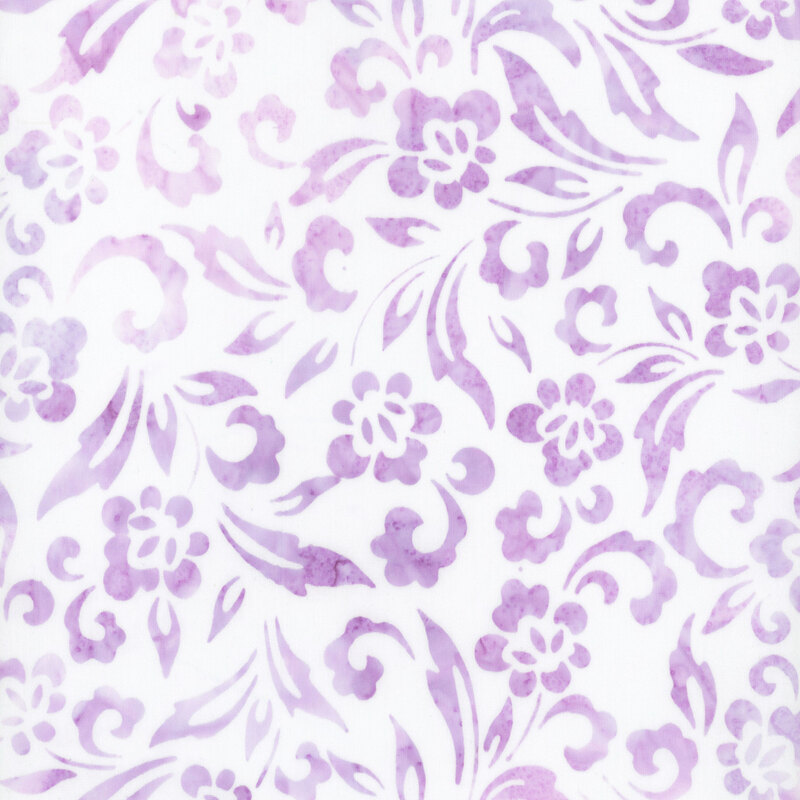 this fabric features mottled pink and light purple flowers, scrolls and leaves on a white background