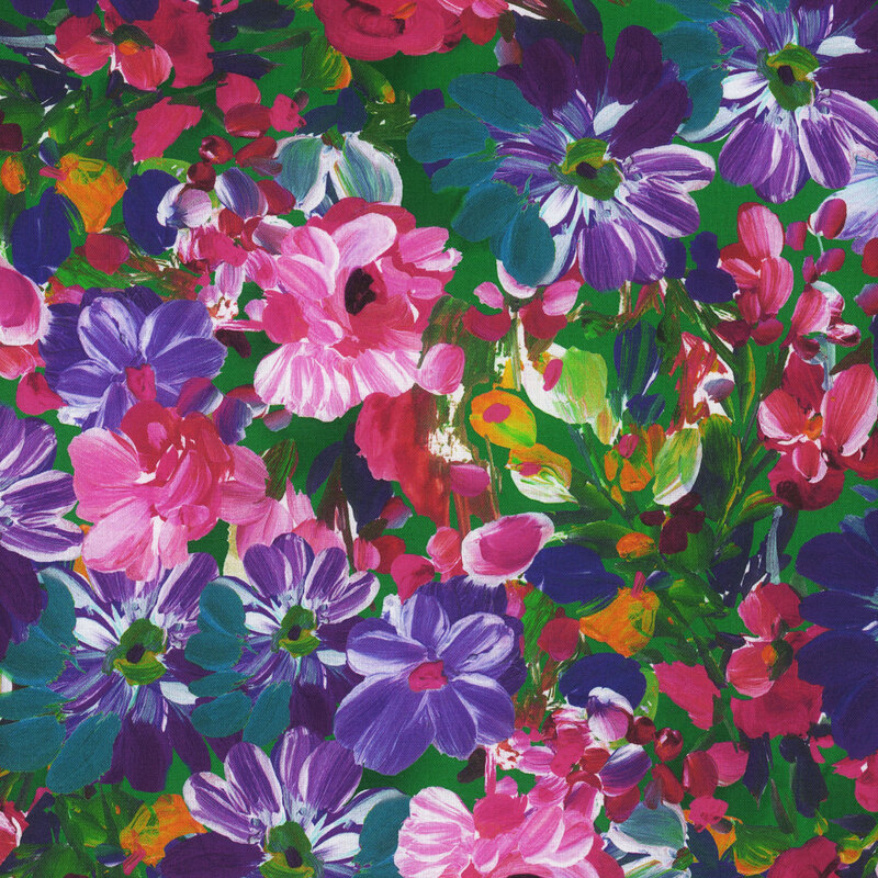 Scan of fabric featuring large flowers and scattered petals in varying colors, set against a dark green background