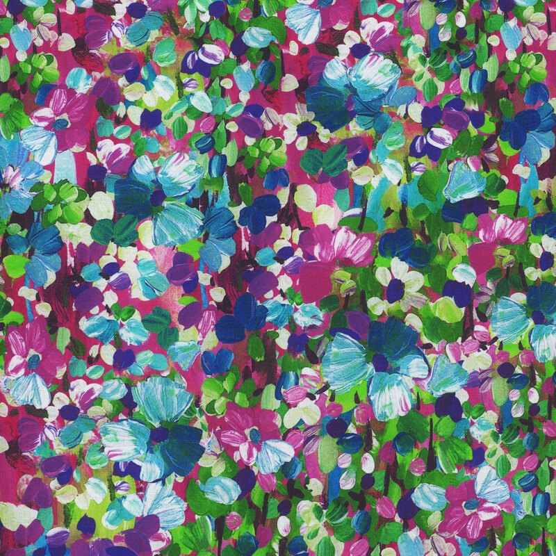 Scan of fabric featuring abstract flowers and petals in a variety of colors, set against a striated magenta background with splotches of light green