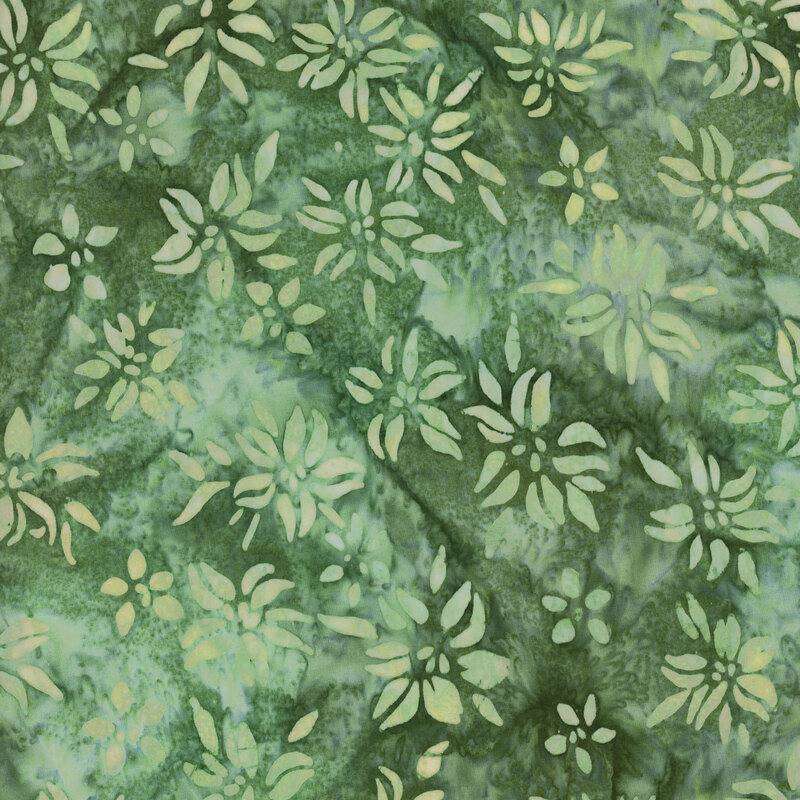 This fabric features light green mottled flowers with an aqua and green mottled background.