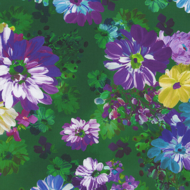 Scan of fabric featuring large flowers in a variety of colors, with faded flowers in the background set against dark green