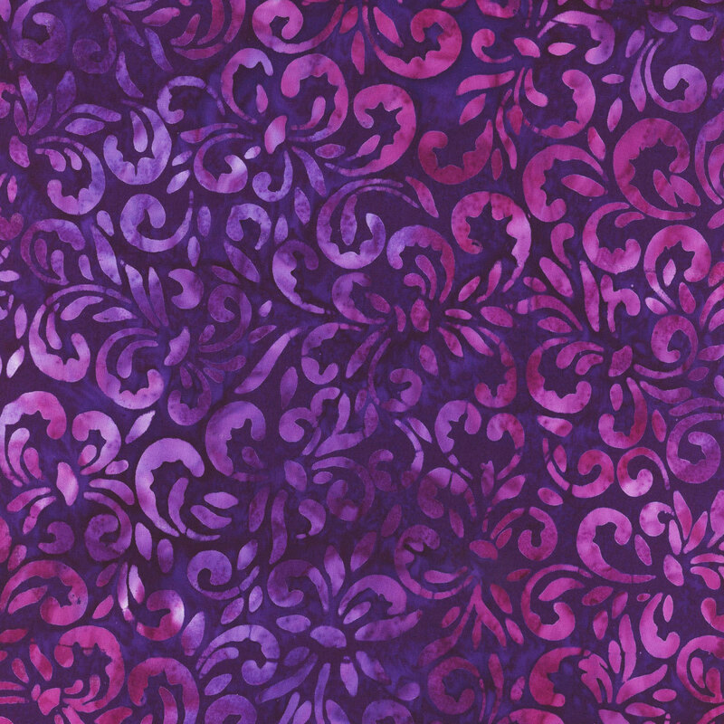 This fabric features a lovely swirl design in mottled pink and purple on a dark purple background.