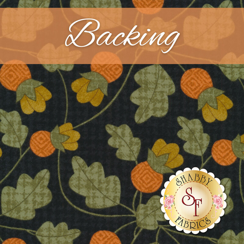 Black flannel fabric with tossed green oak leaves and orange berries with yellow leaves. An orange banner at the top reads 