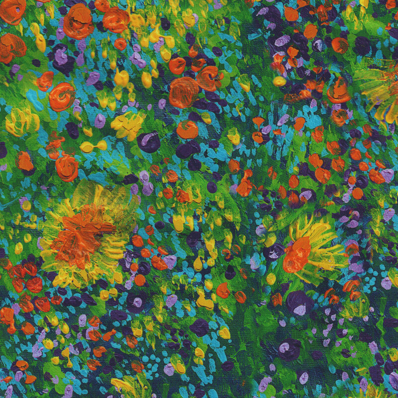Scan of fabric featuring abstract sunflowers and wildflowers set against a green background resembling grass