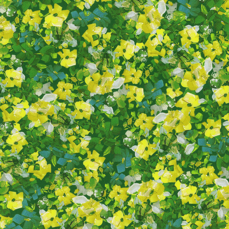 Scan of fabric featuring abstract green and yellow flowers against a dark green background