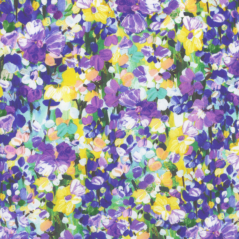Scan of fabric featuring abstract flowers and petals in a variety of colors, set against a multicolored background
