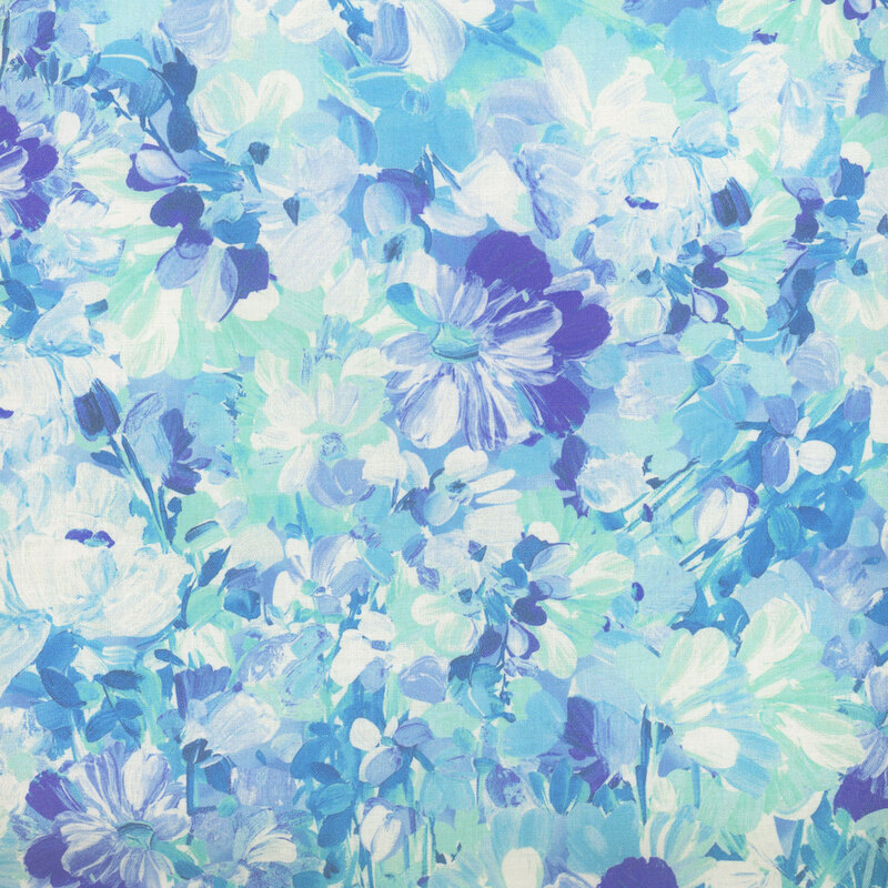Scan of fabric featuring abstract flowers and petals in varying shades of blue, set against a cyan background
