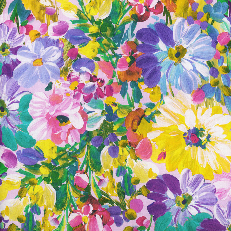 Scan of fabric featuring blooming flowers and petals in varying colors, set against a light pink background