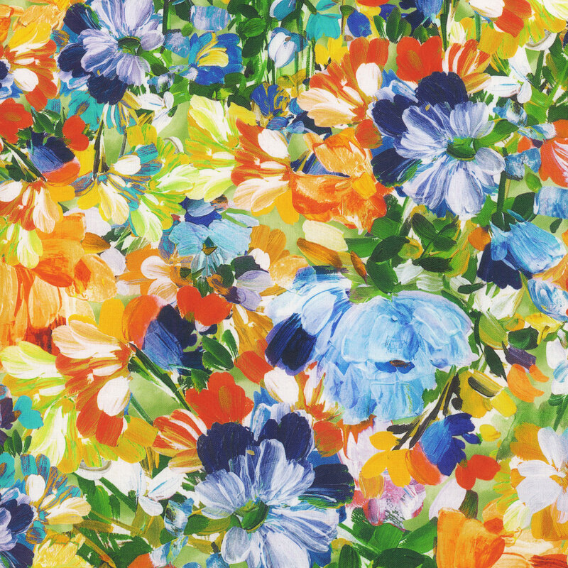 Scan of fabric featuring vibrant blooming flowers and petals in various colors on a foggy green background