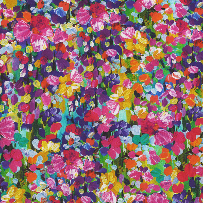 Scan of fabric featuring small flowers and petals in varied colors, set against a striated multicolored background